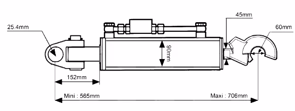 Barre de poussée hydraulique Cat.2/3 L565-706 mm - adaptable sur tracteurs John-Deere