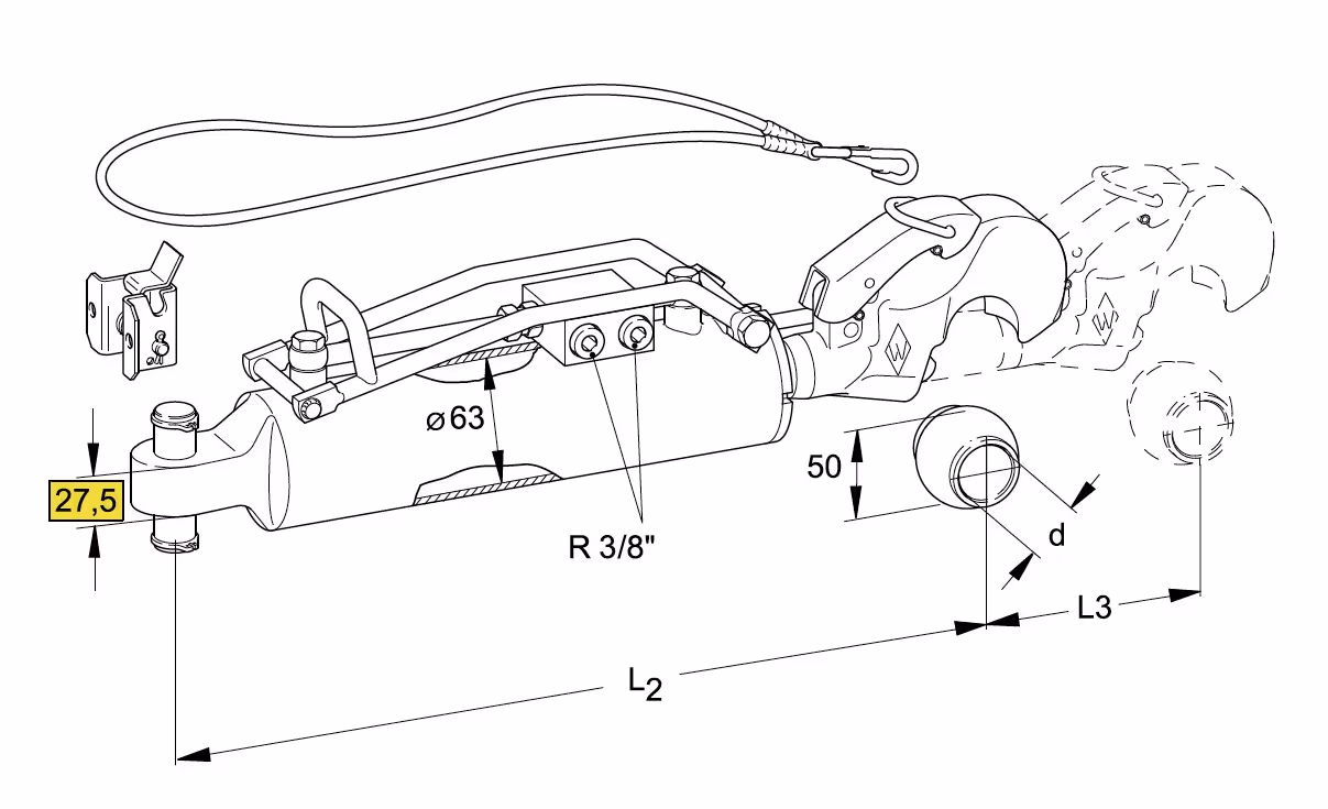 Barre de poussée hydraulique Cat.-/2 L553-783 mm