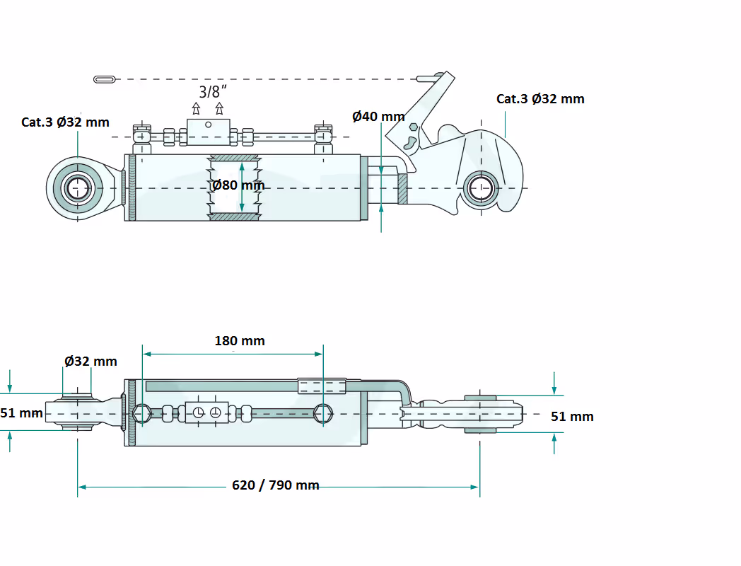 Barre de poussée hydraulique Cat.3/3 L620-788 mm