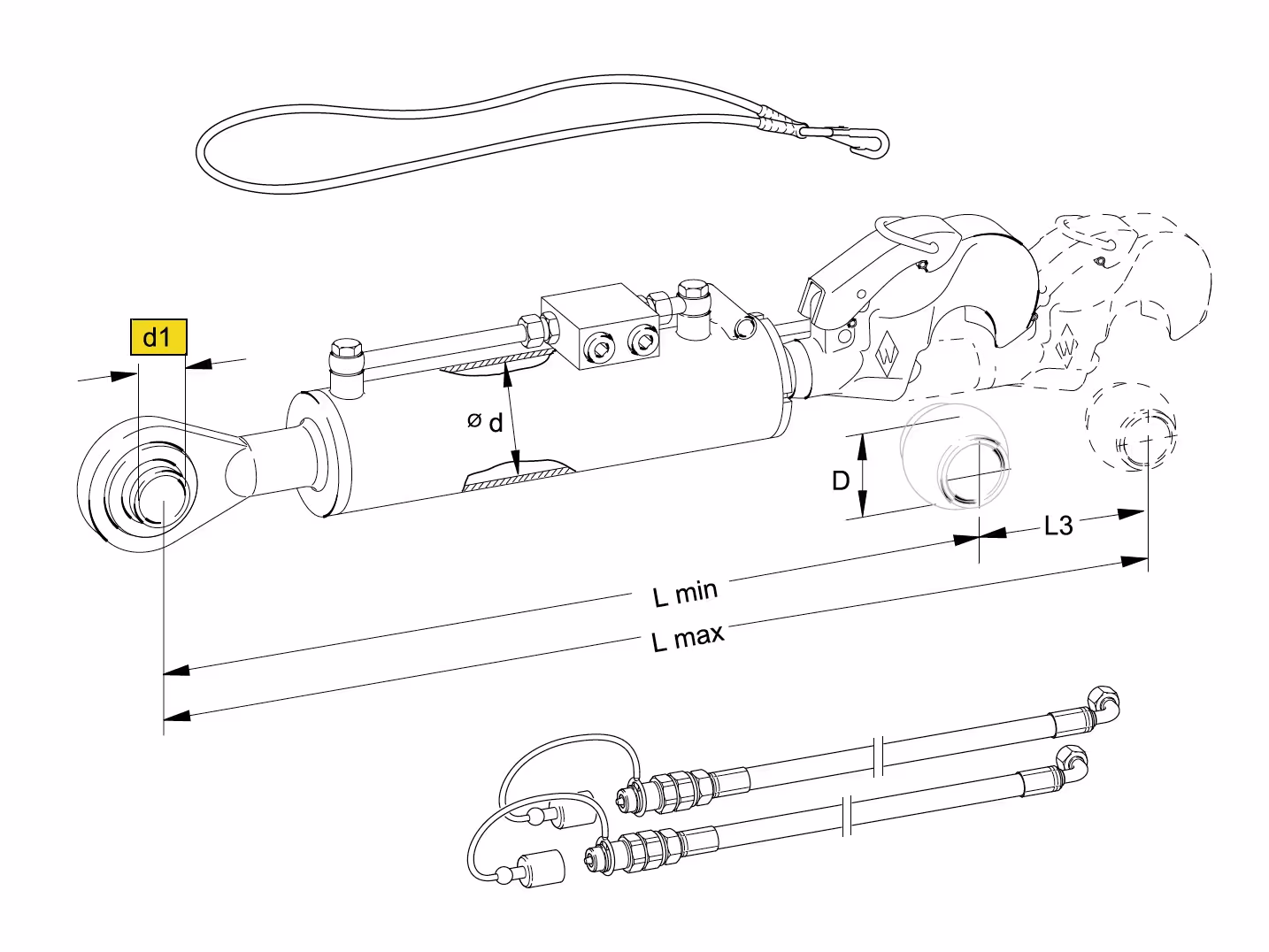 Barre de poussée hydraulique Cat.3/3 L626-836 mm Walterscheid 204867