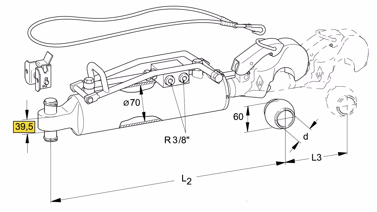 Barre de poussée hydraulique Cat.-/3 L537-732 mm