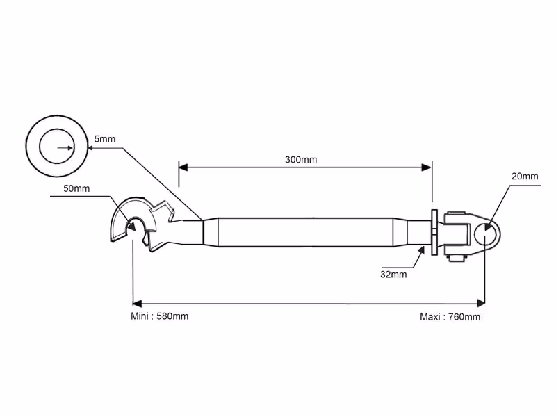 Barre de poussée renforcée (Cat.20mm/2 (Ø20/25mm)) Noix et Crochet, 1-1/4, Min. Longueur: 650mm. - adaptable sur tracteurs John-Deere - ref AL68208