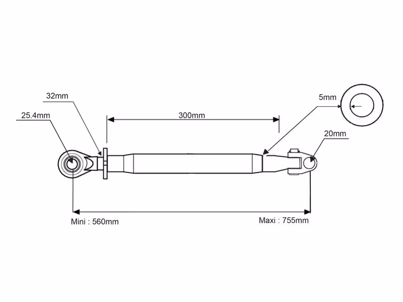 Barre de poussée renforcée (Cat.20mm/2 (Ø20/25mm)) Noix et Rotule, 1-1/4, Min. Longueur: 620mm. - adaptable sur tracteurs John-Deere