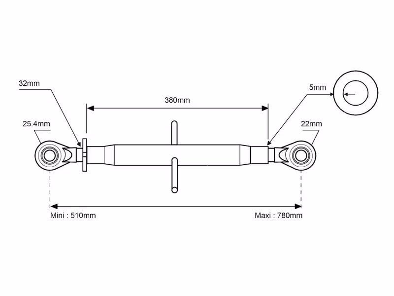 Barre de poussée renforcée (Cat.22mm/2 (Ø22/25mm)) Rotule et Rotule, 1-1/4, Min. Longueur: 510mm. - adaptable sur tracteurs Fendt