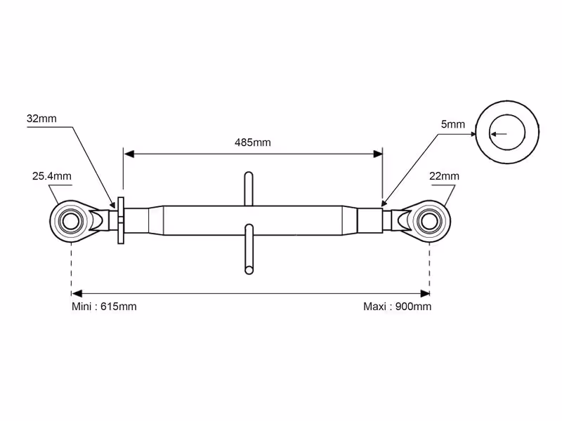Barre de poussée renforcée (Cat.22mm/2 (Ø22/25mm)) Rotule et Rotule, 1-1/4, Min. Longueur: 615mm. - adaptable sur tracteurs Fendt