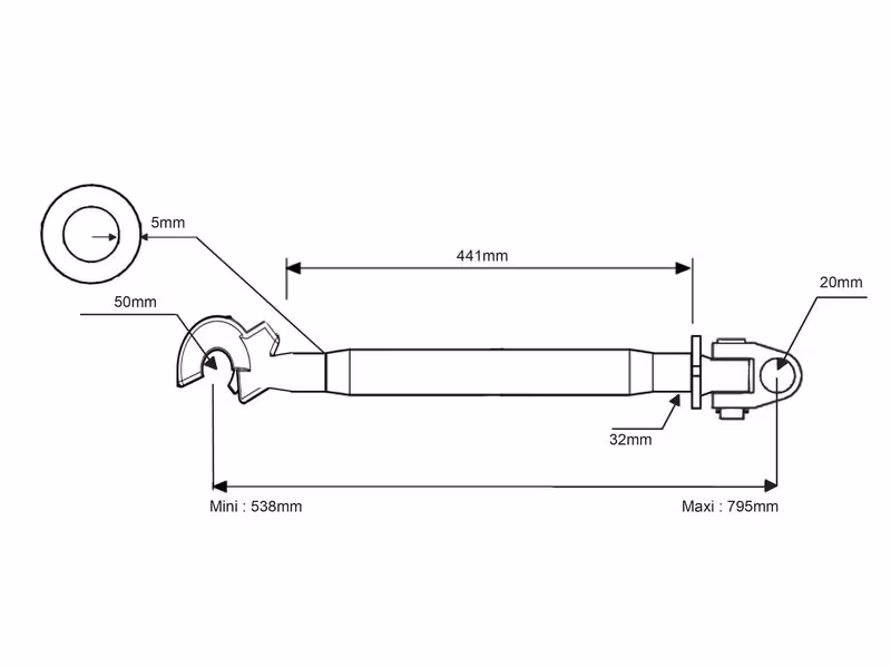 Barre de poussée renforcée (Cat.2/2 (Ø25/25mm)) Noix et Crochet, 1-1/4 x 7, Min. Longueur: 538mm. - adaptable sur tracteurs Mccormick - ref 418895A1
