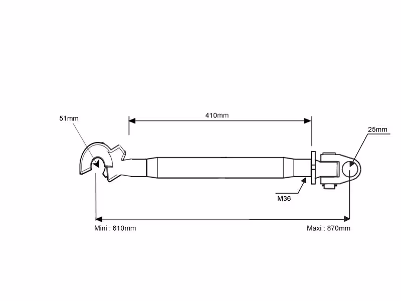 Barre de poussée renforcée (Cat.2/2 (Ø25/25mm)) Noix et Crochet, M36 x 3, Min. Longueur: 610mm. - adaptable sur tracteurs Case IH - ref 1348048C2