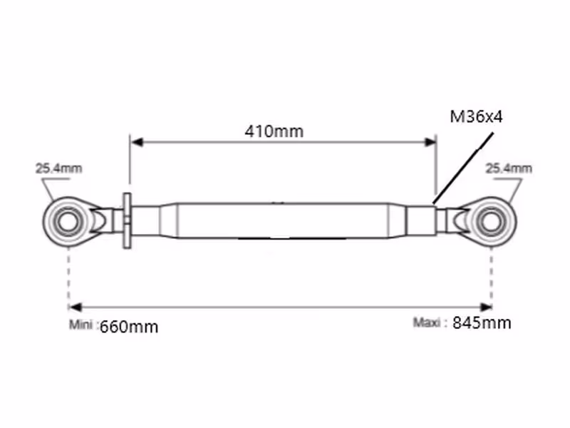 Barre de poussée renforcée (Cat.2/2 (Ø25/25mm)) Rotule et Rotule, M36 x 4.00, Min. Longueur: 660mm. - adaptable sur tracteurs John-Deere - ref AL221283