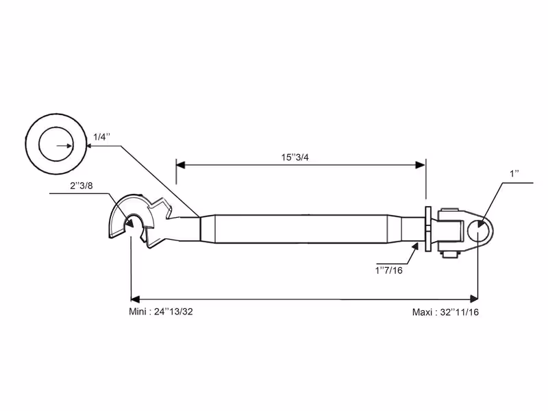 Barre de poussée renforcée (Cat.2/3 (Ø25/32mm)) Noix et Crochet, M36 x 3.00, Min. Longueur: 620mm. - adaptable sur tracteurs Valtra