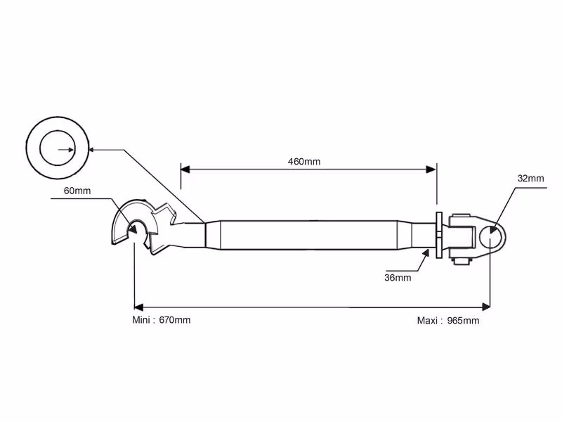 Barre de poussée renforcée (Cat.3/3 (Ø32/32mm)) Noix et CBM Q.R Crochet, M36 x 3.00, Min. Longueur: 670mm. - adaptable sur tracteurs Massey Ferguson, Fendt - ref G930920050010