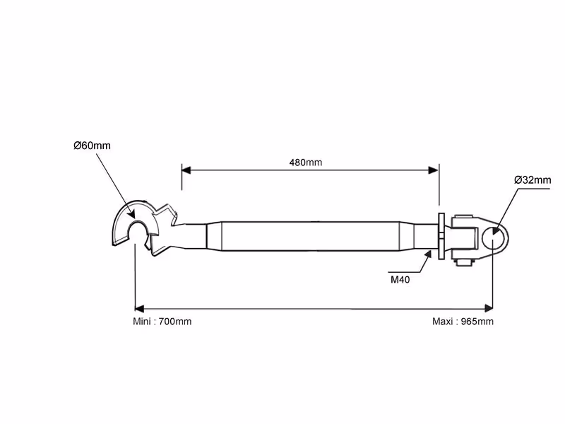 Barre de poussée renforcée (Cat.3/3 (Ø32/32mm)) Noix et Crochet, M40 x 3.00, Min. Longueur: 700mm. - adaptable sur tracteurs New Holland, Steyr, Case IH - ref 47636927
