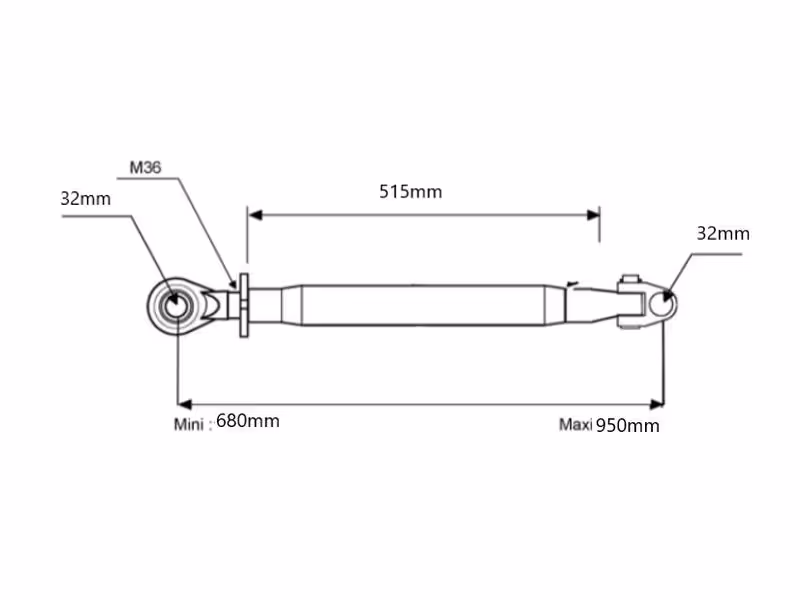 Barre de poussée renforcée (Cat.3/3 (Ø32/32mm)) Noix et Rotule, M36 x 3, Min. Longueur: 680mm. - adaptable sur tracteurs New Holland, Case IH - ref 87358971