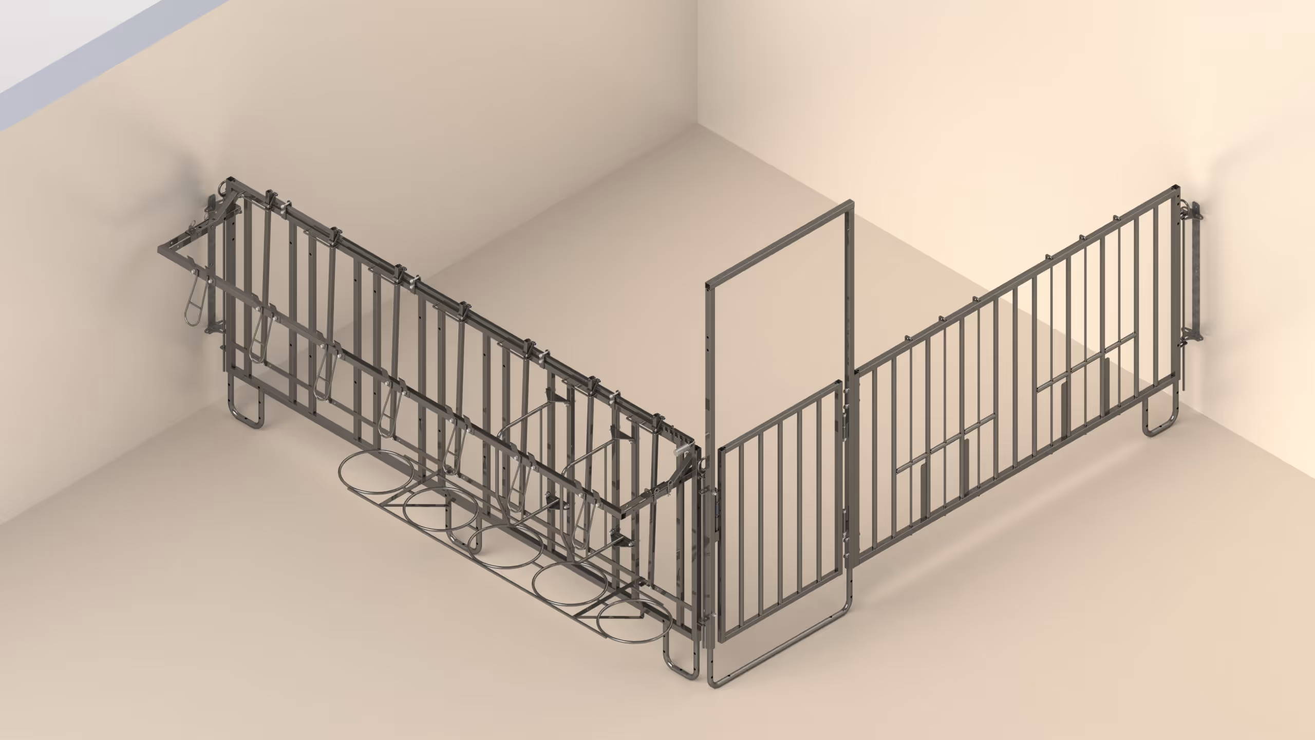 Barrière et porte 6 bacs d'alimentation, zingué