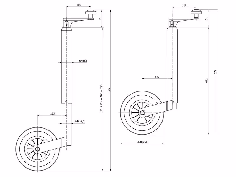 Béquille à roue, Ø Tube mm 48mm 100kg