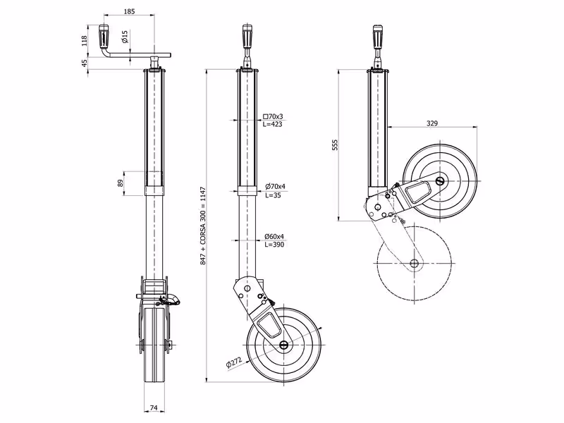 Béquille à roue, Ø Tube mm 70mm 1000kg
