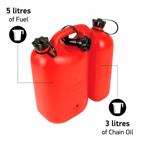 Bidon combiné pour huile pour carburant et chaîne, 5 l + 3 l, rouge