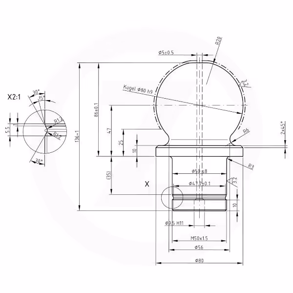 Boule K80 avec écrou et cale