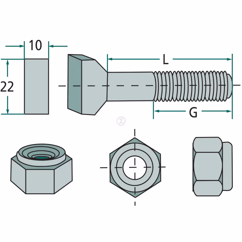 Boulon à tête rectangulaire  M10 x 65 mm, avec écrou autobloquantM10 x 65 mm