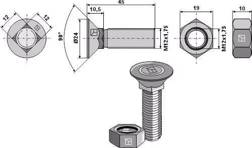 Boulon + écrou TFCC 12x45 12.9