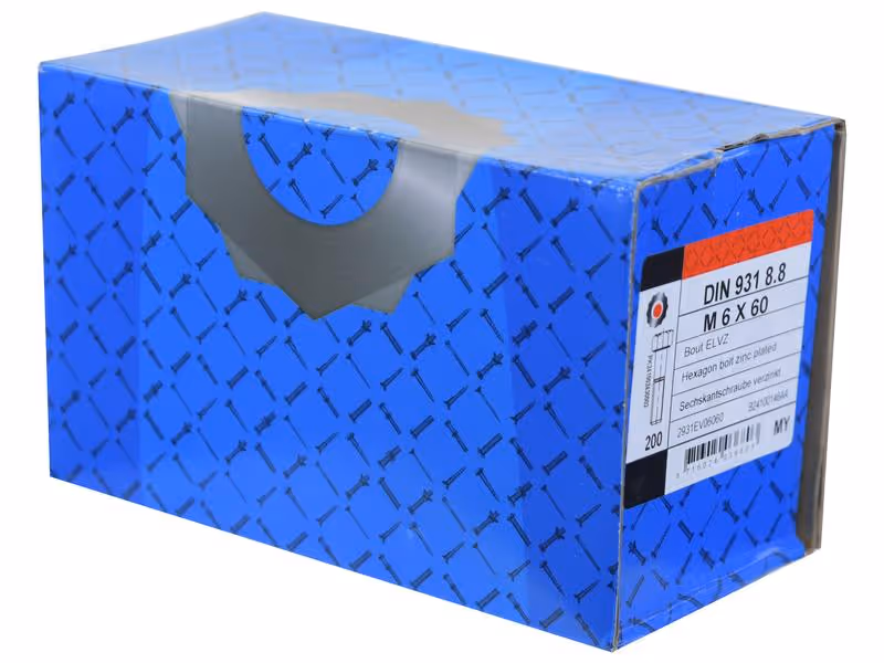 Boulon métrique M6x60Zinguée, Standard, 5 µm, Zn5/An/T0 DIN 931 - Vendu par 200