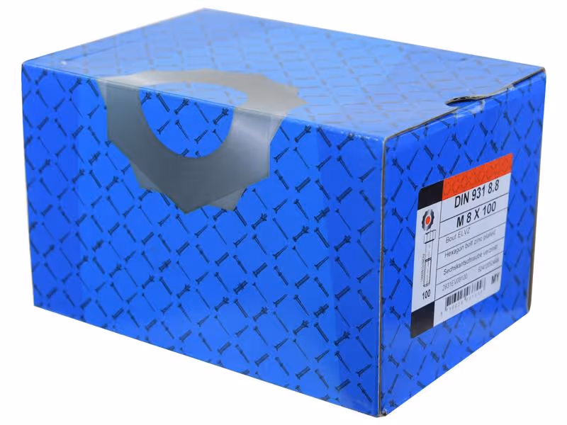 Boulon métrique M8x100Zinguée, Standard, 5 µm, Zn5/An/T0 DIN 931 - Vendu par 100