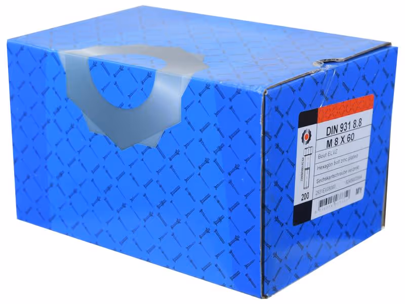 Boulon métrique M8x60Zinguée, Standard, 5 µm, Zn5/An/T0 DIN 931 - Vendu par 200