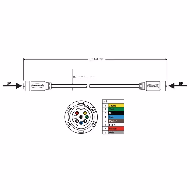 Cable de liaison femelle-femelle 8 pin 10m techni-power