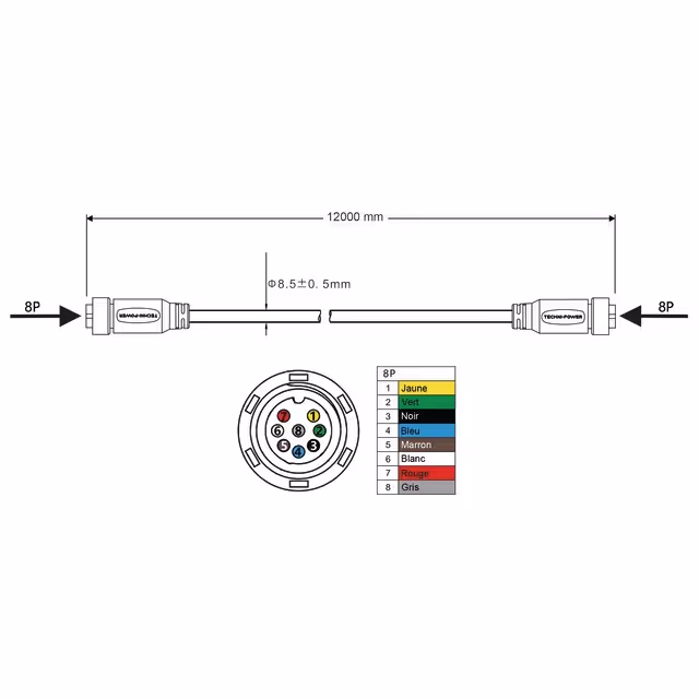 Cable de liaison femelle-femelle 8 pin 12m techni-power