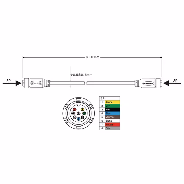 Cable de liaison femelle-femelle 8 pin 3m techni-power
