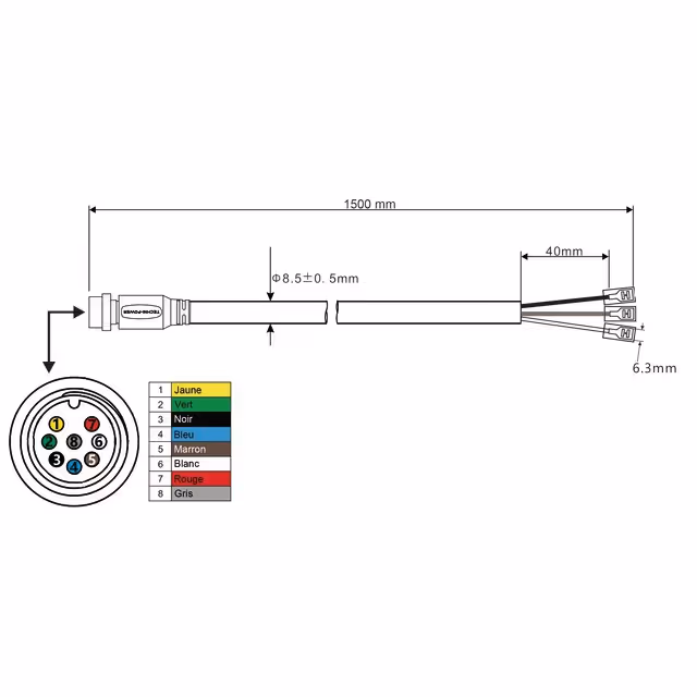 Cable de liaison male-cosse  6,35 8 pin 1m techni-power
