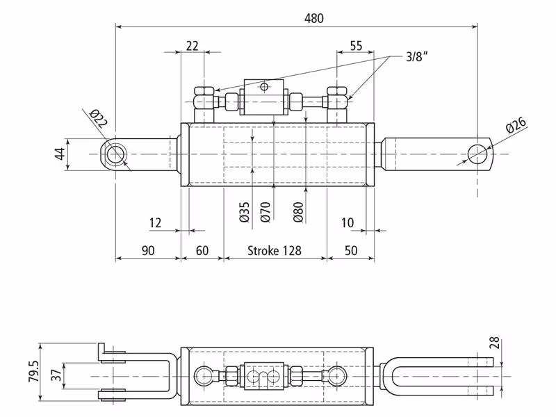 Chandelle de Relevage Hydraulique (Livrée avec: Tuyaux) - Fourche Trou Ø 22mm - Fourche Trou Ø 22mm - Min. Longueur: 480mm, Diamètre du cylindre: 70mm. - adaptable sur tracteurs New Holland - ref 87726380