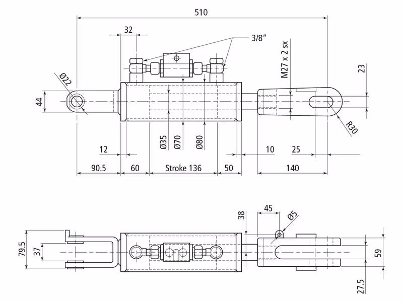 Chandelle de Relevage Hydraulique (Livrée avec: Tuyaux) - Fourche Trou Ø 22mm - Fourche Trou Ø 22x48mm - Min. Longueur: 510mm, Diamètre du cylindre: 70mm.