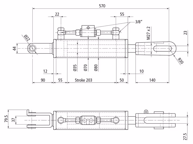 Chandelle de Relevage Hydraulique (Livrée avec: Tuyaux) - Fourche Trou Ø 22mm - Fourche Trou Ø 22x48mm - Min. Longueur: 570mm, Diamètre du cylindre: 70mm. - adaptable sur tracteurs New Holland, Case IH, Steyr - ref 87543731