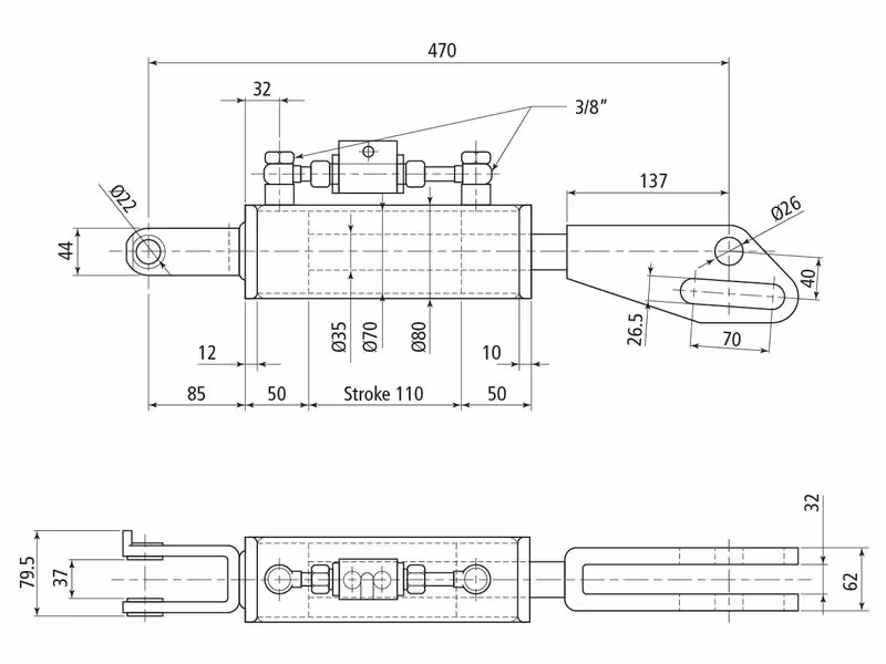 Chandelle de Relevage Hydraulique (Livrée avec: Tuyaux) - Fourche Trou Ø 22mm - Fourche Trou Ø 26 & 27x97mm - Min. Longueur: 470mm, Diamètre du cylindre: 70mm. - adaptable sur tracteurs New Holland, Case IH - ref 84265169