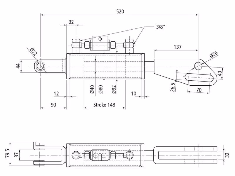 Chandelle de Relevage Hydraulique (Livrée avec: Tuyaux) - Fourche Trou Ø 22mm - Fourche Trou Ø 26 & 27x97mm - Min. Longueur: 520mm, Diamètre du cylindre: 80mm. - adaptable sur tracteurs New Holland, Case IH - ref 5193948