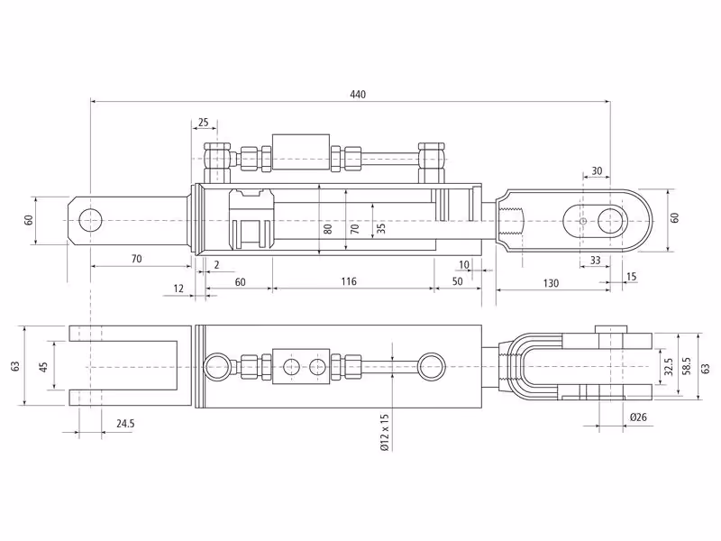 Chandelle de Relevage Hydraulique (Livrée avec: Tuyaux) - Fourche Trou Ø 25mm - Fourche Trou Ø 26mm - Min. Longueur: 440mm, Diamètre du cylindre: 63mm. - adaptable sur tracteurs Massey Ferguson, Claas - ref ACP0411680