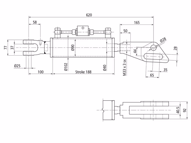 Chandelle de Relevage Hydraulique (Livrée avec: Tuyaux) - Fourche Trou Ø 25mm - Fourche Trou Ø 28 & 28x95mm - Min. Longueur: 620mm, Diamètre du cylindre: 90mm. - adaptable sur tracteurs New Holland, Case IH, Steyr - ref 87379322