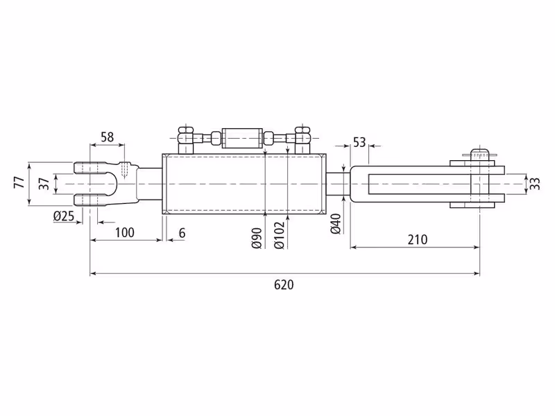 Chandelle de Relevage Hydraulique (Livrée avec: Tuyaux) - Fourche Trou Ø 26mm - Fourche Trou Ø 26x61mm - Min. Longueur: 620mm, Diamètre du cylindre: 90mm. - adaptable sur tracteurs Case IH, New Holland, Steyr - ref 47134199
