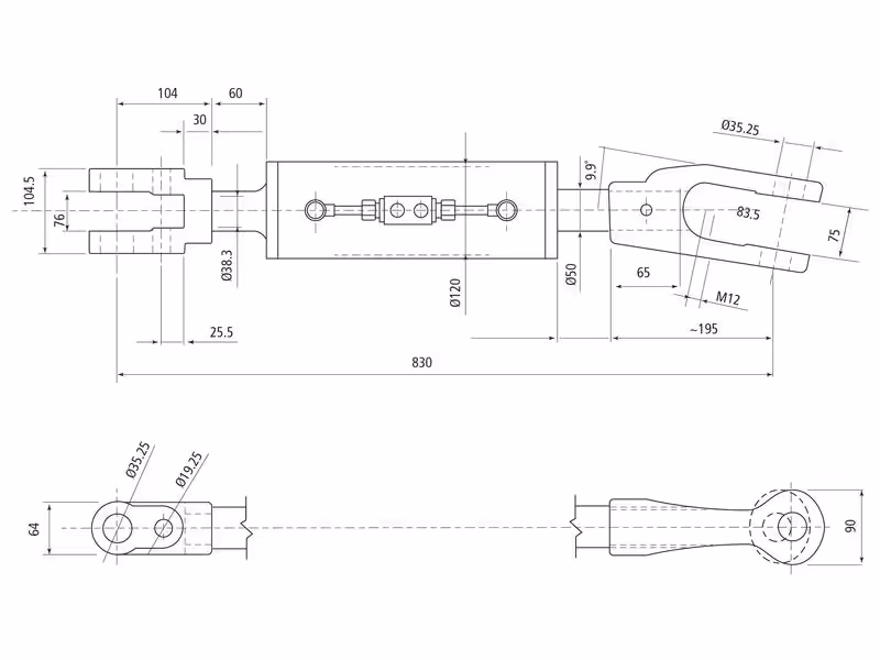 Chandelle de Relevage Hydraulique (Livrée avec: Tuyaux) - Fourche Trou Ø 36mm - Fourche Trou Ø 36mm - Min. Longueur: 830mm, Diamètre du cylindre: 120mm. - adaptable sur tracteurs Case IH, New Holland - ref 84281304