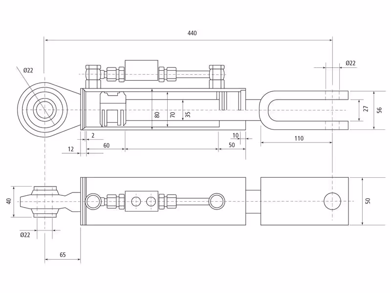 Chandelle de Relevage Hydraulique (Livrée avec: Tuyaux) - Rotule Ø 22mm - Fourche Trou Ø 22mm - Min. Longueur: 440mm, Diamètre du cylindre: 70mm.
