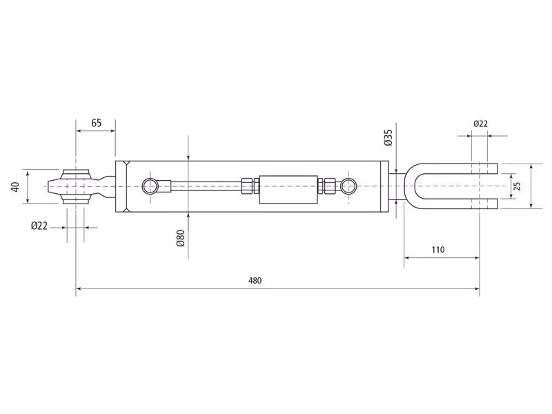 Chandelle de Relevage Hydraulique (Livrée avec: Tuyaux) - Rotule Ø 22mm - Fourche Trou Ø 22mm - Min. Longueur: 480mm, Diamètre du cylindre: 70mm.