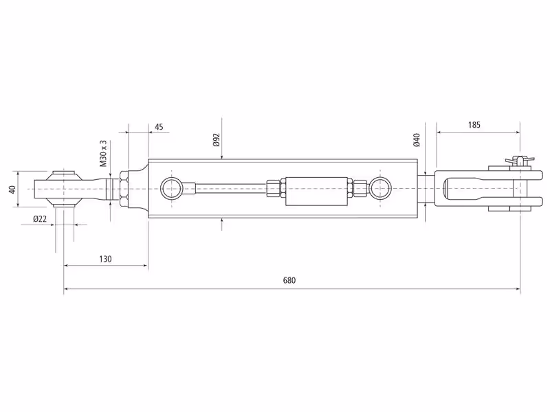 Chandelle de Relevage Hydraulique (Livrée avec: Tuyaux) - Rotule Ø 22mm - Fourche Trou Ø 23x50mm - Min. Longueur: 680mm, Diamètre du cylindre: 80mm.