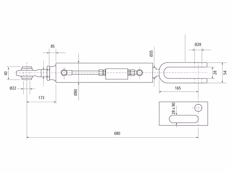 Chandelle de Relevage Hydraulique (Livrée avec: Tuyaux) - Rotule Ø 22mm - Fourche Trou Ø 28 & 28x90mm - Min. Longueur: 680mm, Diamètre du cylindre: 70mm. - adaptable sur tracteurs Fendt - ref G304870200011