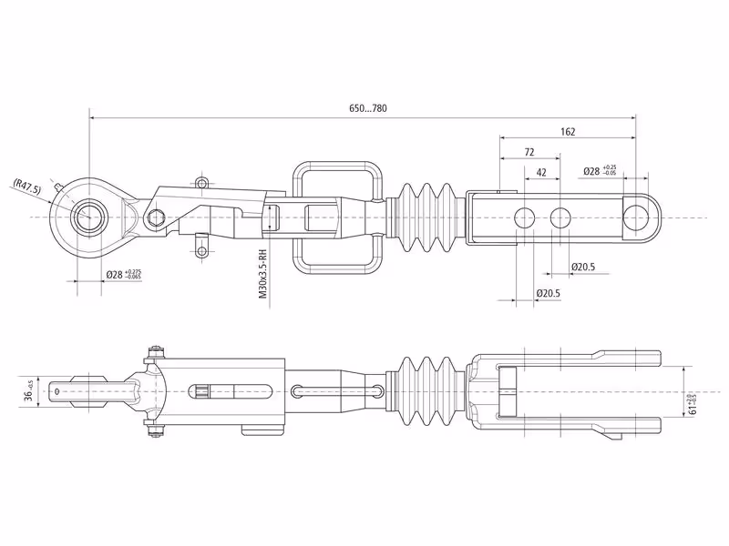 Chandelle de Relevage Hydraulique (Livrée avec: Tuyaux) - Rotule Ø 28mm - Fourche Trou Ø 28mm - Min. Longueur: 680mm, Diamètre du cylindre: 80mm. - adaptable sur tracteurs Fendt - ref G416870030010