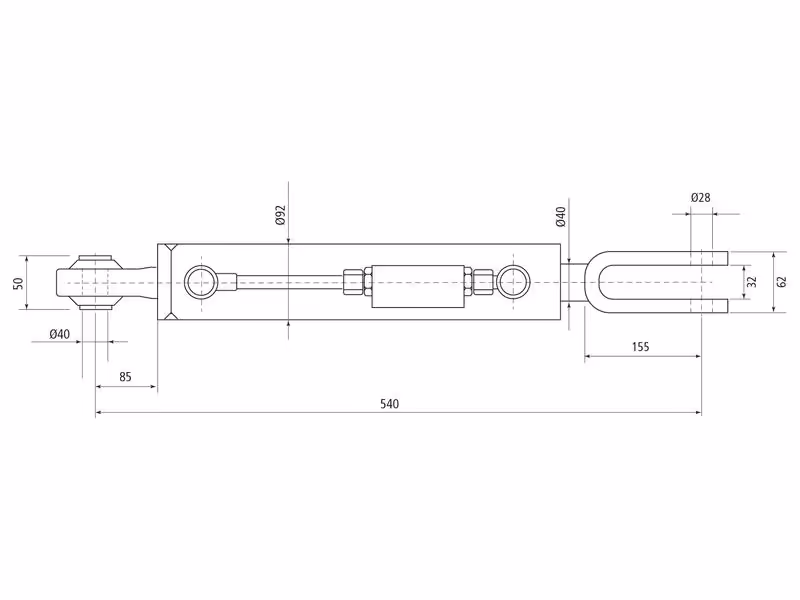 Chandelle de Relevage Hydraulique (Livrée avec: Tuyaux) - Rotule Ø 40mm - Fourche Trou Ø 28mm - Min. Longueur: 540mm, Diamètre du cylindre: 70mm. - adaptable sur tracteurs Valtra - ref ACV0200640