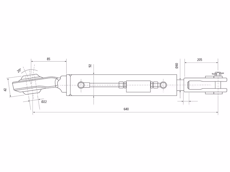 Chandelle de Relevage Hydraulique (Livrée avec: Tuyaux) - Rotule-Inclinée Ø 22mm - Fourche Trou Ø 29x60mm - Min. Longueur: 640mm, Diamètre du cylindre: 80mm.