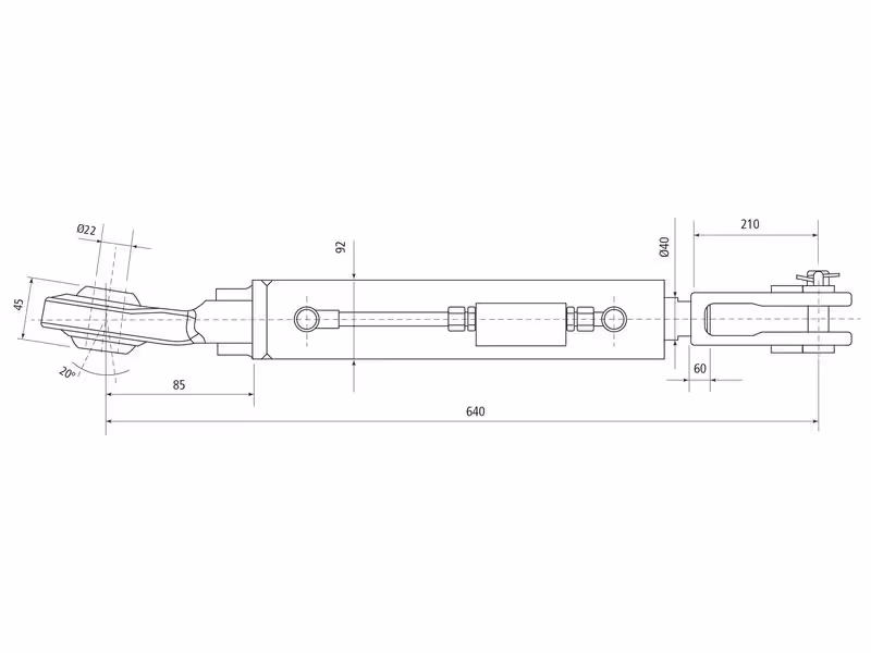 Chandelle de Relevage Hydraulique (Livrée avec: Tuyaux) - Rotule-Inclinée Ø 22mm - Fourche Trou Ø 29x60mm - Min. Longueur: 640mm, Diamètre du cylindre: 80mm.