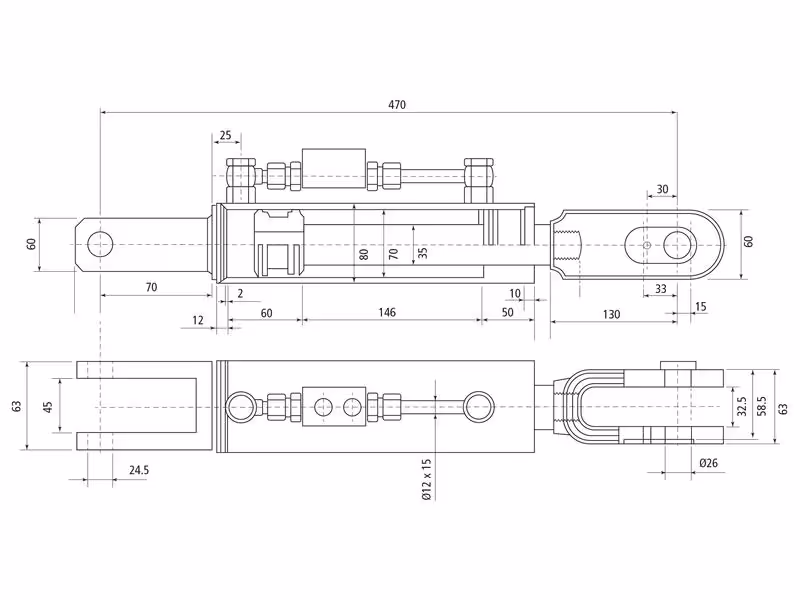 Chandelle de Relevage Hydraulique (Livrée avec: -) - Fourche Trou Ø 25mm - Fourche Trou Ø 26mm - Min. Longueur: 470mm, Diamètre du cylindre: 63mm. - ref ACP0713000