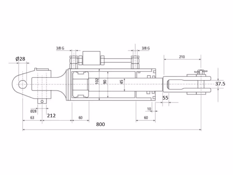 Chandelle de Relevage Hydraulique (Livrée avec: -) - Noix Ø 28mm - Fourche Trou Ø 29x60mm - Min. Longueur: 800mm, Diamètre du cylindre: 90mm. - adaptable sur tracteurs Massey Ferguson - ref ACW057749B