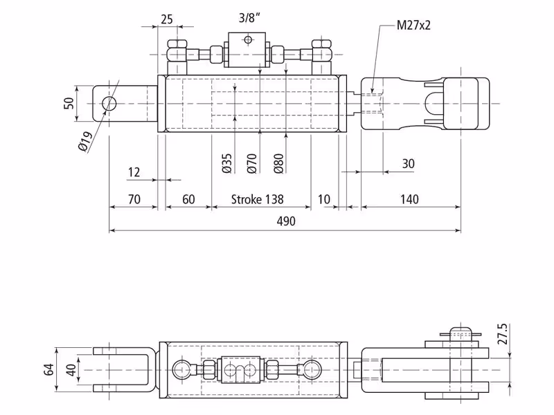 Chandelle de Relevage Hydraulique (Livrée avec: Tuyaux) - Fourche Trou Ø 19mm - Fourche Trou Ø 22x48mm - Min. Longueur: 490mm, Diamètre du cylindre: 70mm. - adaptable sur tracteurs New Holland, Case IH - ref 84497524